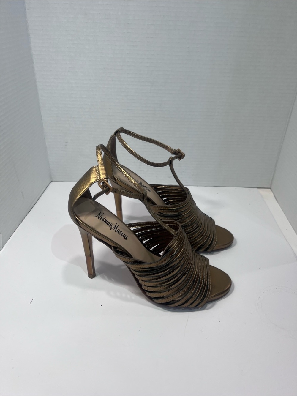 Neiman Marcus Bronze Metallic Strappy Ankle-Heel Sandals